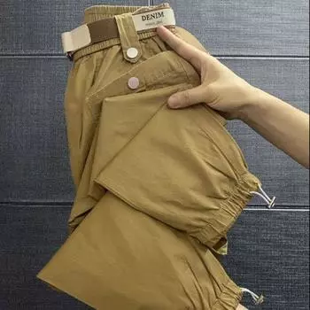 European Goods Casual Pants Women 2023 Summer Feet Drawstring Design Stretch Plaid Cotton Tape Belt Candy Color Cargo Pants Khaki Summer Thin Casual Carrot Pants L