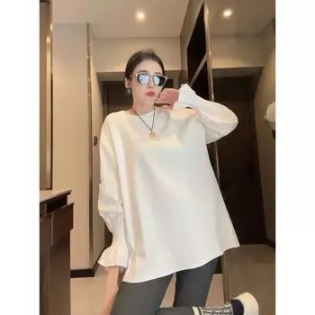 European Goods Crochet Cut-out Shirt Sleeve Patchwork Long sleeves Shirt Women Autumn New Fashion Age-Reducing Versatile Loose Top White L