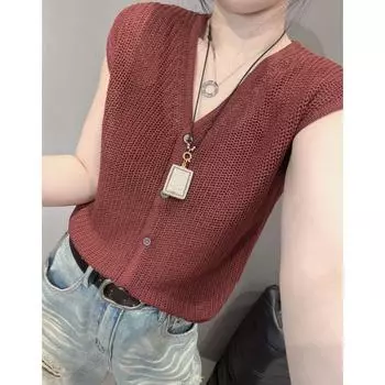 European Goods Cut Out V-neck Ice Silk Knitwear Short Sleeve Female Cardigan Summer New Outerwear Silm Slightly Transparent Smock Top Red Brown S