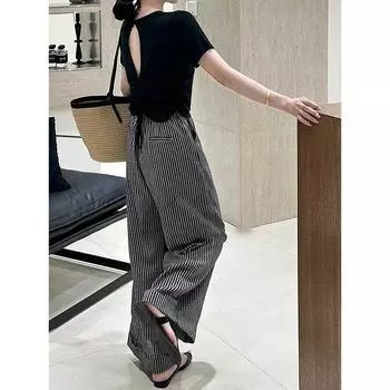 European Goods Early Autumn High Waist Casual Thin Striped Wide-Leg Pants Stripes pants L