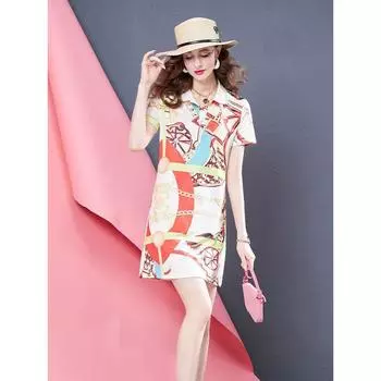 European Goods Fashion Brand Printing Athleisure Dress Women s Short Sleeve 2025 Summer Fashionable New Women s Clothing Waist-Tight Polo Dress Color S