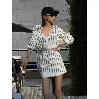 European Goods Fashion Loose Feeling Black and White Stripes Dress Women s Summer Small Waist-Tight Slimming Shirtdress Short Skirt Fashion
