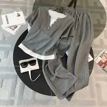 European Goods Fashionable Gray Casual Sports Suit Female Summer Slimming Patchwork Fake Two-Piece Tops Loose Pants Two-piece Set Grey Suit [2423]] S