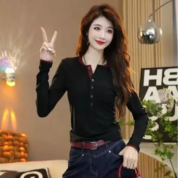 European Goods Minority Fashion Contrast Color Long Sleeves round Neck T-shirt Black XL