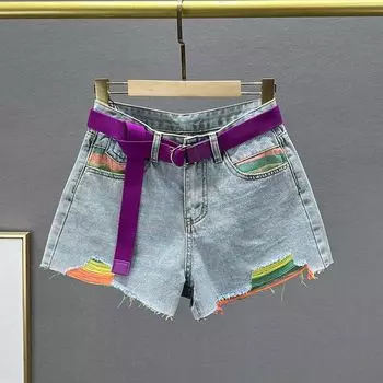 European Goods Ripped Denim Shorts Women s Trendy 2022 New Arrival Summer Clothing High Waist Slim Looking Ins All-Match Wide Leg Pants Hot Pants Rainbow color S