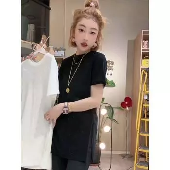 European Goods Shiny Split Summer Thin Silm Short Sleeve Black XL