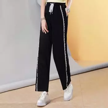 European Goods Spring New Arrival Western Style 2025 Trendy High-End Casual Sweatpants Female Elegant All-Match Lace Patchwork Pants R205 Black In Stock S