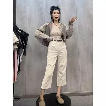 European Goods Thin Washed Cotton Stretch Slim Fit Casual Pants Apricot color 2XL