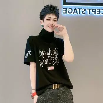 European Goods Turtleneck Autumn Fashion Print Half Sleeve Bottoming Shirt Pure Cotton T-shirt Women Loose Slimming Versatile Casual Top Black [thread pure cotton]] L