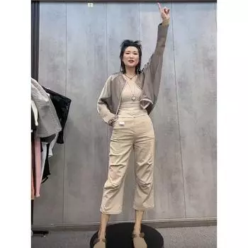European Goods Washed Cotton Loose Elastic Straight Denim Milk Tea L
