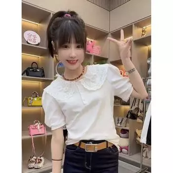 European Goods White Younger Lace Peter Pan Collar T-shirt Female 2025 Summer New Design Sense Niche Style Slim Looking Short Sleeve White L