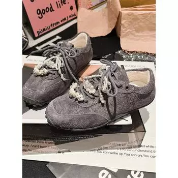 European leather bow pearl lace-up ballet fashion training shoes sports and leisure shoes board shoes flat red women s shoes 35