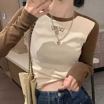 Футболка с длинными рукавами и принтом в виде европейских букв, женская, весенняя, новинка, облегающий крой, внутри, короткий топ S