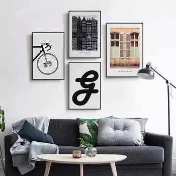 European Letters Bicycle Retro Architectural Canvas Painting Abstract Poster Simple Strokes Combination Wall Art Home Room Decor 21x30cm No Framed