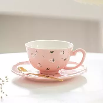European Light Luxury Small Cuihua Coffee Cup with Spoon Ceramic Tea Cup Office Men and Women Drinking Water Pink Cute Mug 165ml