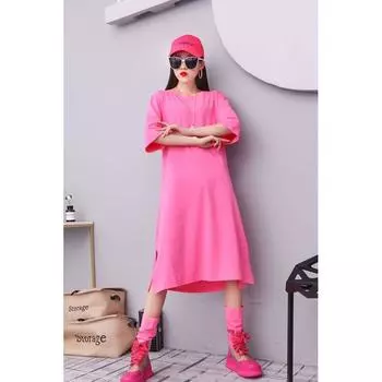 European Pure Color Loose over Knee Slim Looking Net T-shirt Pink XL