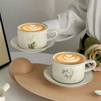European Retro Ceramic Cup Flower Pattern Coffee Cup Dessert Plate Milk Juice Latte Cup Gift Set 380ml