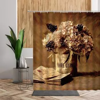European Retro Oil Painting Flower Shower Curtain Vase Tulip Nostalgic Poster Theme Waterproof Bath Curtains Bathroom Decoration W90xH180cm