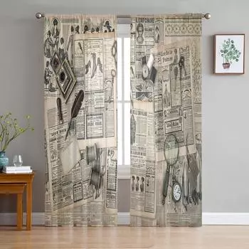 European Retro Old Newspaper Curtain For Living Room Transparent Tulle Curtains Window Sheer For The Bedroom Accessories Decor W135 x H114cm