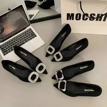 European soft velvet rhinestone square buckle cat heel single shoes women s 2025 new pointed head shallow mouth soft sole temperament versatile wome 35