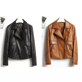 European Spring and Autumn New Women s Semi-Vegetable Tanned Sheepskin Genuine Leather Short Motorcycle Jacket M