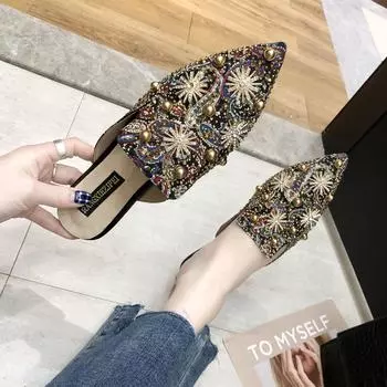 European Station 2019 spring and summer new sexy printing hot diamond rivet pearl pointed head bag head coated duck one-word slippers 35 красный