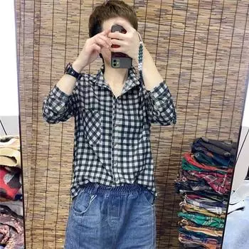 European Station 2023 Spring & Fall New Arrival Loose All-Matching Plaid Shirt Female Fashion Long Cotton and Linen Bottoming Shirt Top Tide Small gray lattice All yards