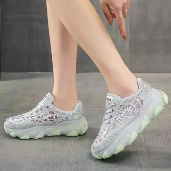 European station 2025 spring and summer new women s shoes breathable mesh rhinestone platform fashion dad shoes ins trendy shoes European goods 35 белый