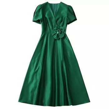 European Station 2025 Summer New Arrival High-End Ladies Elegant Dress Silm Mid Length Long Length Slim Looking French Dress Women Green M