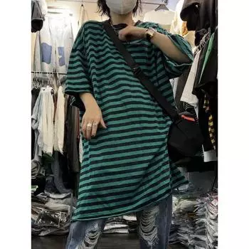 European Station 2025 Summer New Arrival Stripes Loose round Neck T-shirt Easiest for Match Fashion Half Sleeve Tops Women s Fashion Dress Green All yards