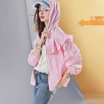 European Station 2025 Summer New Hooded Sun Protection Top Female Pure Color Pleating Easiest for Match Thin Outwear Niche Style T353 Pink In Stock S