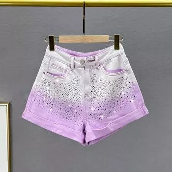 European Station A- line High Waist Hot Drilling Flanging Denim Shorts Purple M