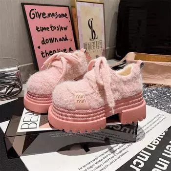 European station big head letters JK small leather shoes platform muffin lace-up woolen wool shoes loafers small women s shoes 35