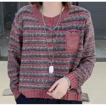 European Station Cardigan Loose Slimming Pocket Knitting Cotton Thread Red All yards