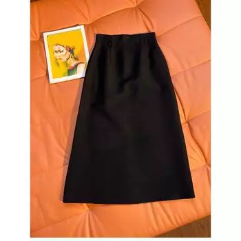 European Station Classic Style High Waist Sheath Solid Skirt Black L