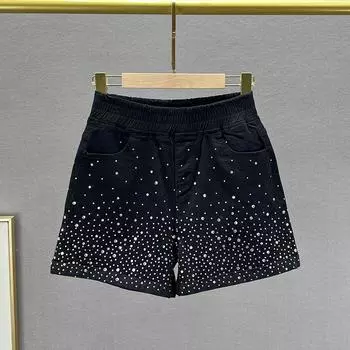 European Station Denim High Waist Loose Slimming Hot Pants Hot Drilling Black EUR29