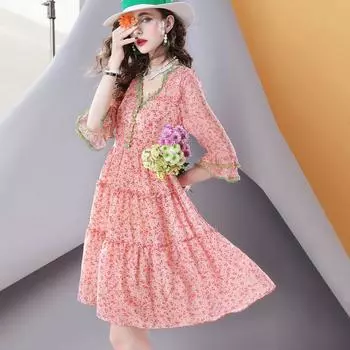 European Station F663 Famous Brand Elegant Silk Dress Pink In Stock XL