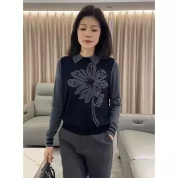 European Station Fall and Winter New Polo Collar Pullover Shirt Collar Fake Two-Piece Chic Contrast Color Jacquard Wool Knitwear Tops