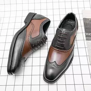 European Station Fashion Block Shoes Men Pointed Lace up Business Office Dress Shoes Banquet Wedding Shoes Size 38-48 Men Shoes 38
