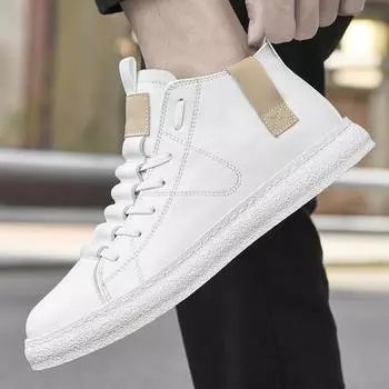 European Station first-layer cowhide men s high-top men s shoes sheepskin inner large-size men s youth fashion white overalls leather shoes tide 37 белый