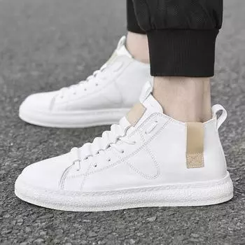 European Station first-layer cowhide men s high-top men s shoes sheepskin inner large-size men s youth fashion white overalls leather shoes tide 37 белый