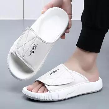 European station first layer cowhide slippers men s home indoor high-end casual sandals soft bottom non-slip white men s slippers 38