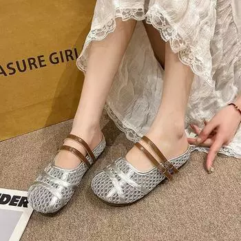 European station half-drag women s shoes 2025 spring and summer new fashion round head one-word belt comfortable flat bottom solid color cool slippers 35 чёрный