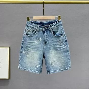 European Station High Waist Silm Slim Looking Rhinestone Denim Shorts Blue M
