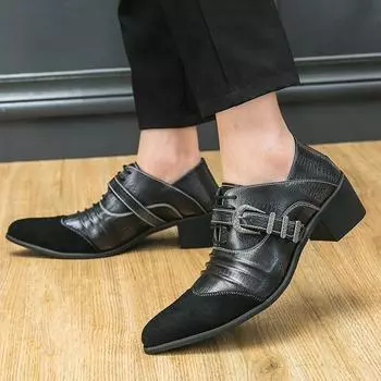 European station large size high heel sole pointed men s shoes 38-46 size thick heel heightened personality lace-up pointed British single shoes 38