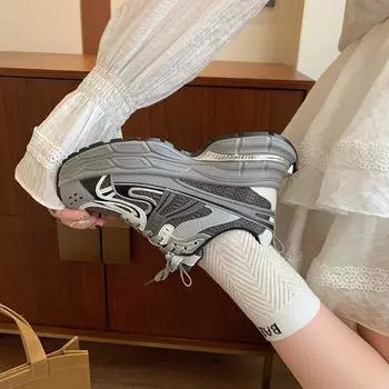 European station leather dad shoes women s 2024 autumn new mesh platform ins trendy versatile height increase sports and leisure 35 серый