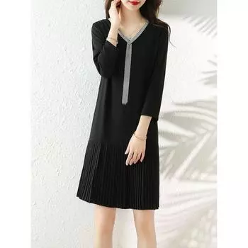 European Station Loose Younger Chiffon Long Sleeve Black Dress Black XL