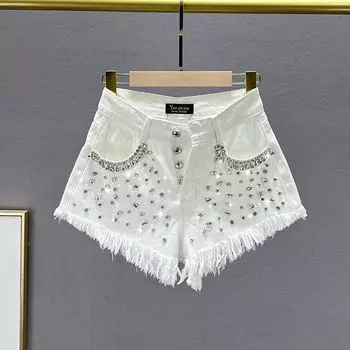 European Station Multi-Buckle High Waist Summer Clothing Raw Edge Denim Shorts White XL