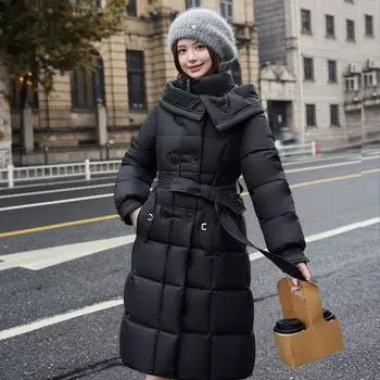 European station new down cotton-padded clothing women s clothing long knee-length cotton-padded jacket waist and thin winter thickened hooded jacket M чёрный