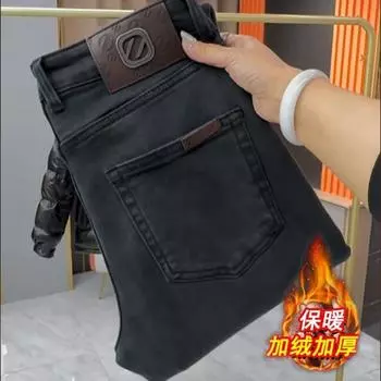 European Station Осень-зима Утолщенные стираные прямые джинсы с флисовой подкладкой Мужская мода Утягивающие универсальные облегающие брюки-скинни 28 чёрный